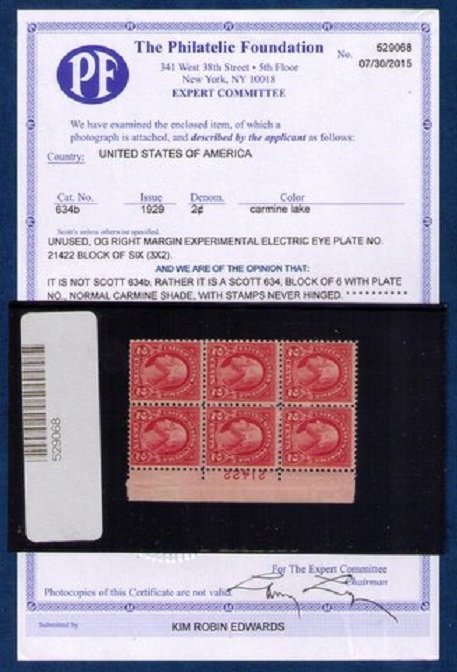 US Sc 634 MNH,Og p# block of 6 PF Cert.EXPERIMENTAL ELECT EYE PLATE .F-VF