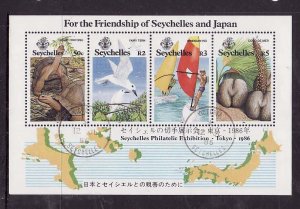 Seychelles-Sc#604- id7-used sheet-Maps-Birds-Philatelic Exhibition-1986-