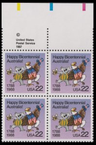 US 2370 Happy Bicentennial Australia 22c copyright block UL 4 MNH 1988