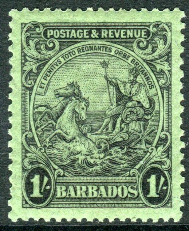 BARBADOS-1932 1/- Black/Emerald Perf 13½x12½ lightly mounted mint Sg 237a