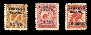 Penrhyn Island #10-12 Cat$94, 1903 Surcharges, set of three, hinge remnants