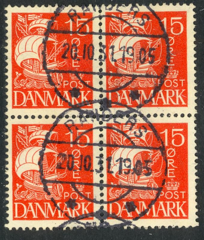 DENMARK 1927 15o Red CARAVEL SHIP Issue BLOCK OF 4 Sc 192 VFU