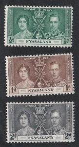 Nyasaland # 51-53 King George VI 1937 Coronation, Mint LH 1/2 Cat.