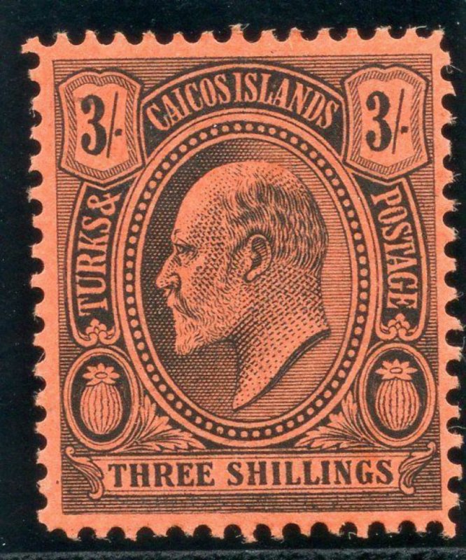 Turks Islands 1909 KEVII 3s black/red MLH. SG 126. Sc 22.