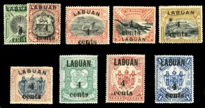 Labuan #110-118 (SG 129-137) Cat£170, 1904 Surcharges, complete set, hinged