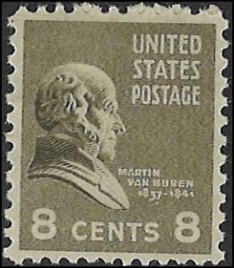 Scott# 813  1938 8c ol grn  M. Van Buren   Mint Never Hinged - Very Fine