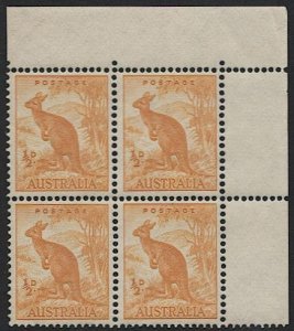 AUSTRALIA 1942 Sc 166 Mint MNH VF,  1/2d Kangaroo -  Block of Four