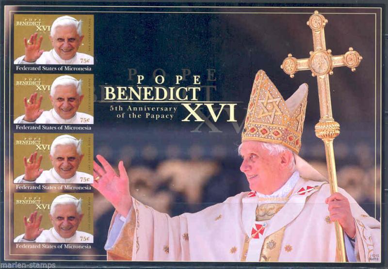 MICRONESIA  POPE BENEDICT XVI IMPERFORATED SHEET 5th PONTIFICATION ANNIVERSARY 