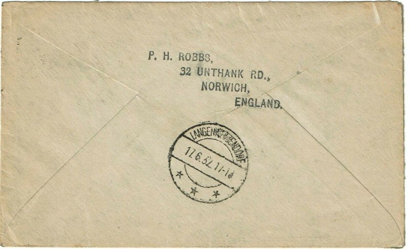 Great Britain 1932 Norwich cancels on cover to Germany, White Star booklet ad