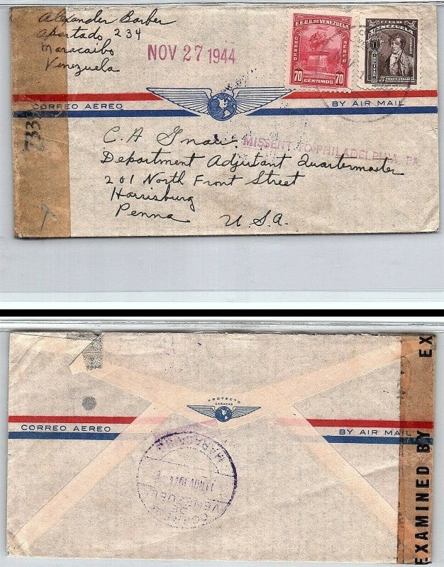 1944 VENEZUELA Air Mail Censor Cover/Letter-Maracaibo / Harrisburg,PA Missent K3 