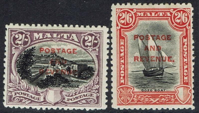 MALTA 1928 PICTORIAL OVERPRINTED POSTAGE AND REVENUE 2/- AND 2/6 