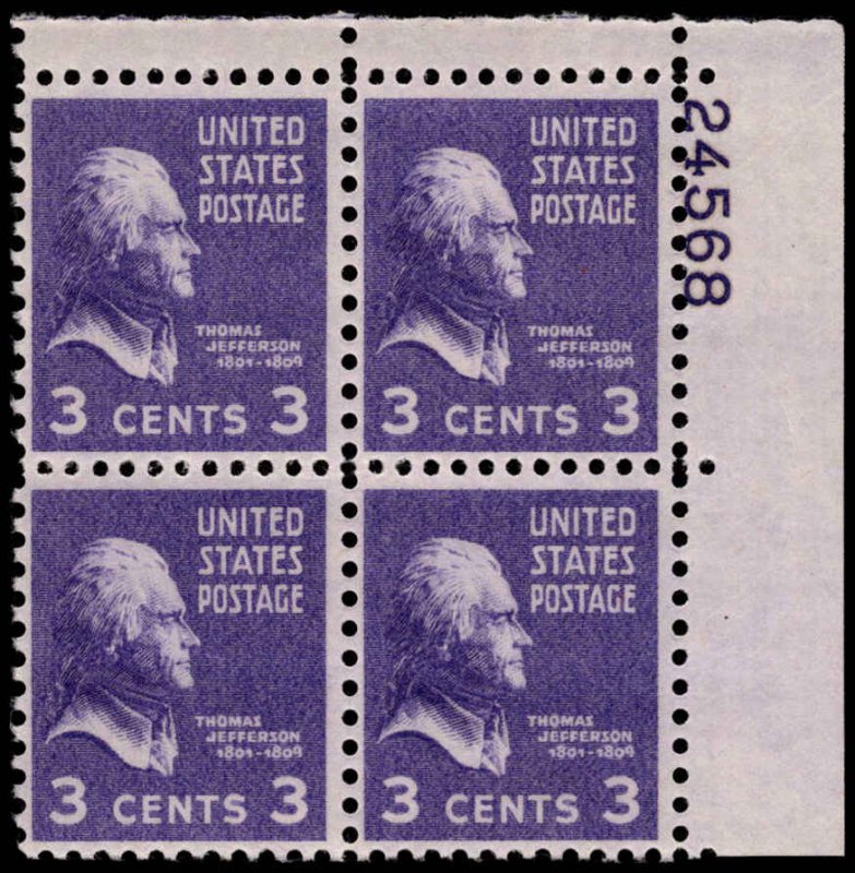 US #807 JEFFERSON MNH UR PLATE BLOCK #24568