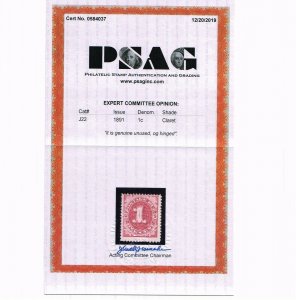 GENUINE SCOTT #J22 FINE MINT OG H PSAG CERT 1891 CLARET 1¢ POSTAGE DUE  #14156