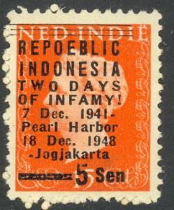INDONESIA 1948 5s on 15c TWO DAYS OF INFAMY Pearl Harbor Jakarta Propaganda