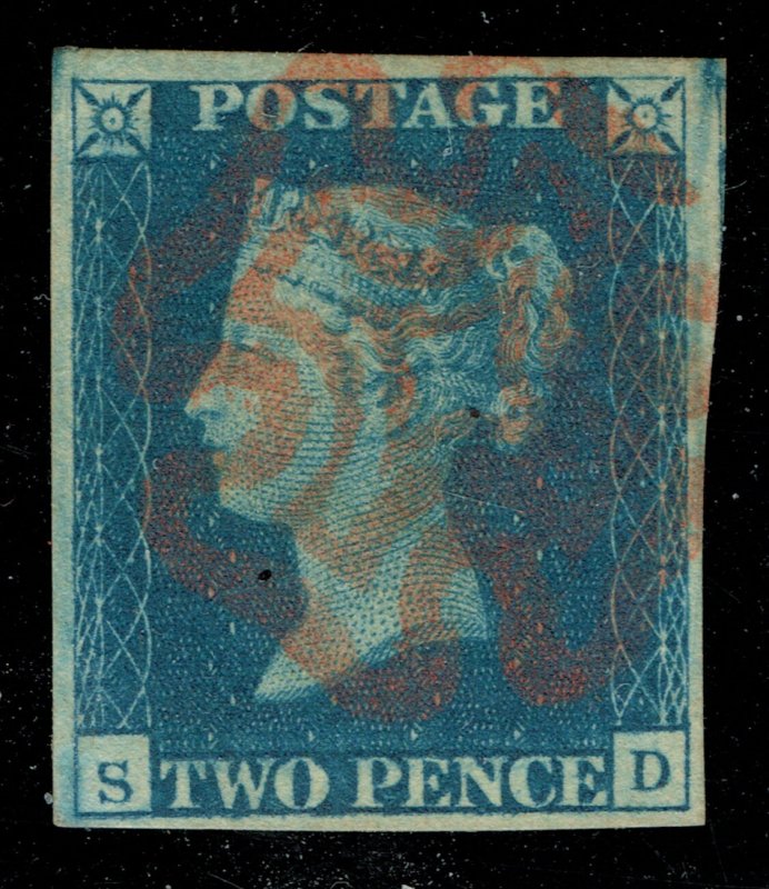 [sto356] SG#5 1840 2d blue plate 2 lettered SD used with red Maltese cross