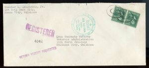 U.S. Scott 825 (2) Prexies on Registered Return Receipt 1954 Oklahoma Cover