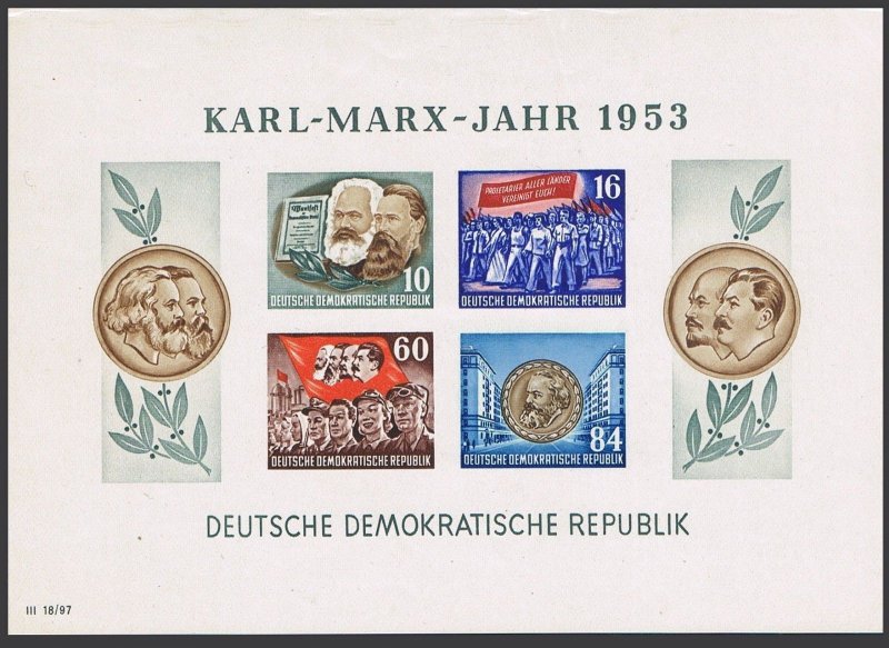 Germany-GDR 144a, 146a perf, imperf. Michel Bl.8A-9A, 8B-9B. Karl Marx, 1953.