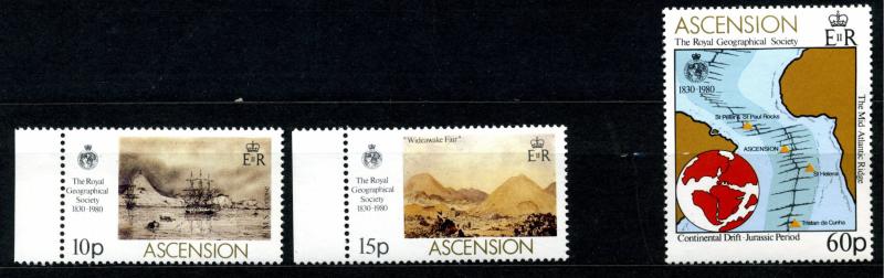 1980 Ascensions Scott 266-268 Mint NH Royal Geographical Society Ship Map