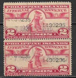 PHILIPPINES 1930 2p 7 Digit Serial No Documentary Revenue Pair Bft 130 VFU