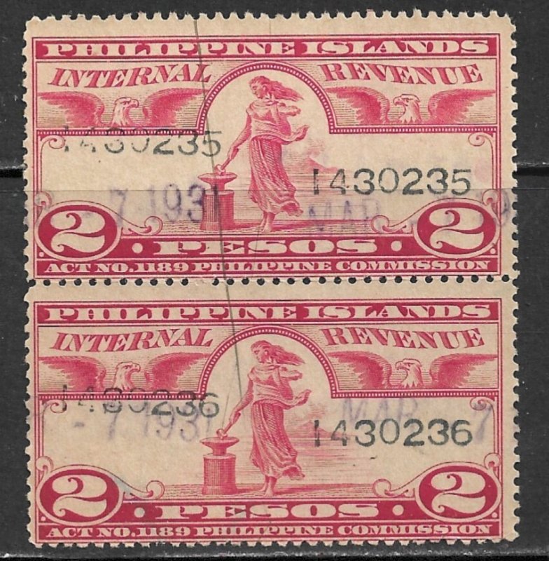 PHILIPPINES 1930 2p 7 Digit Serial No Documentary Revenue Pair Bft 130 VFU