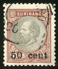 Netherlands Colonies, Suriname #41 Cat$35, 1900 50c on 1g, used