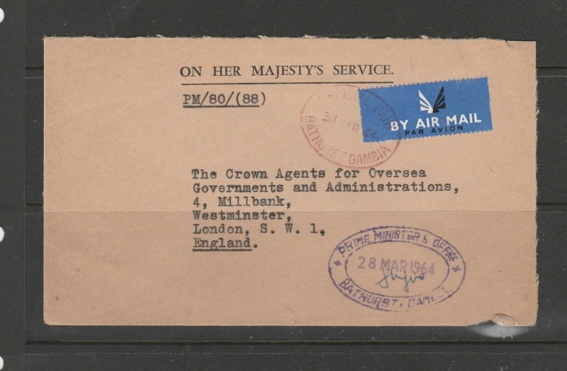 Gambia 1964 OHMS letter to Crown agents with Prime Ministers Office cachet