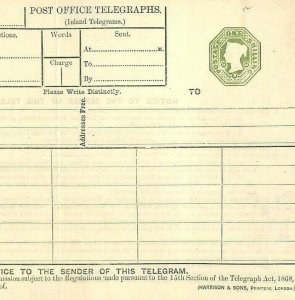 GB STATIONERY QV Embossed 1s Green 1885 Telegraph Form Unused Huggins TP10 AF193