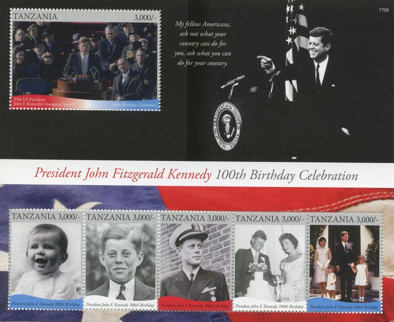 Tanzania 2017 MNH JFK John F Kennedy 100th Bday 6v M/S II US Presidents Stamps 