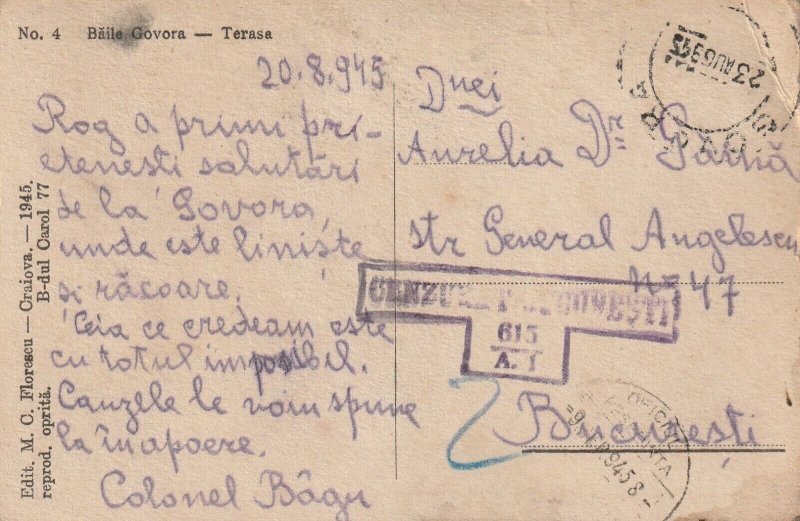 ROMANIA POSTCARD 1945 CENSOR BUCHAREST BAILE GOVORA USED POST