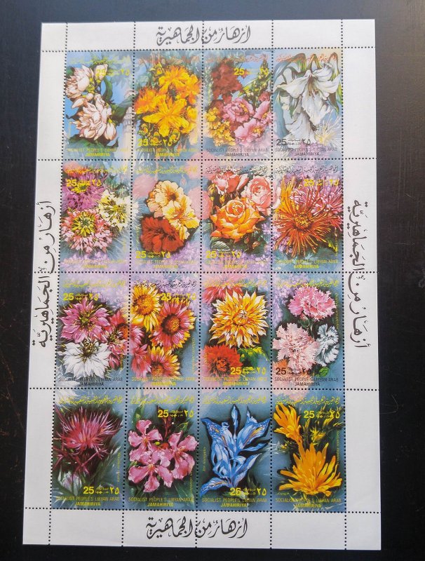 Selten Libyen 1983 Blumen Serie Blatt Of 16 MNH Komplettes Hard To Find