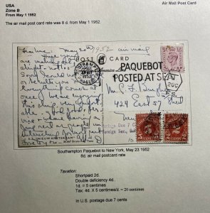 1952 Southampton England Postcard Postage Due Cover To New York USA Paquebot