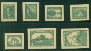 NORWAY 1914 ESSAYS, First Printing Imperforates in GREEN on buff paper, 7 diff