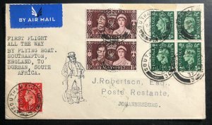 1937 Southampton England First Flight Cover FFC To Johannesburg South Africa