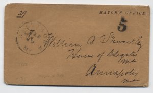 c1851 Baltimore MD black CDS and 5 stampless cover Mayor's Office [H.2611]