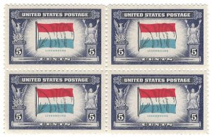 #912 – 1943 5c Overrun Countries: Flag of Luxembourg – MNH Plate Block