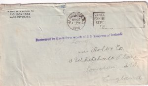 1914 SS Empress of Ireland Salvaged Mail by Divers.  Vancouver, BC to London