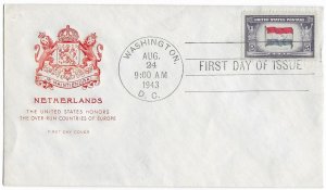 1943 FDC, #913, 5c Overrun Country - Netherlands, House of Farnam, hand cancel