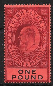 GIBRALTAR SG64 1908 £1 DEEP PURPLE & BLACK ON RED MTD MINT