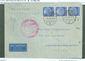 Germany 425 (1936) folded cover sent on October 5 Hindenberg(LZ129) flight from Frankfurt to lakehurst, NJ(and then on to New Yo