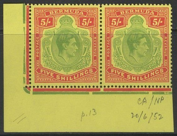 BERMUDA SG118g 1950 5/= GREEN & SCARLET/YELLOW p13 CHALKY PAPER MNH PAIR