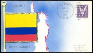 1944 MAE WEIGAND Hand Painted Cover COLUMBIA Flag, United Nations, LEGION TX CDS
