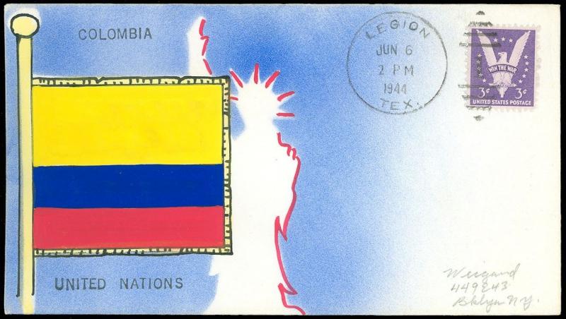 1944 MAE WEIGAND Hand Painted Cover COLUMBIA Flag, United Nations, LEGION TX CDS