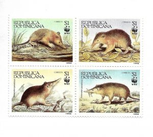 DOMINICAN REP. 1994 ENDANGERED FAUNA HAITIAN SOLENODON WWF BLOCK OF 4 DIFF MNH