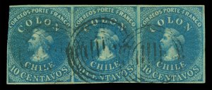 CHILE 1862 COLUMBUS - London print - 10c bright blue Sc# 12 used F/XF STRIP of 3