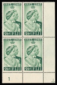 Fiji 1948 KGVI Silver Wedding 2½d green Plate 1 block MNH. SG 270. Sc 139.