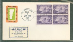 US 903 1941 3c Vermont 150th anniversary of statehood (block of four) on an addressed (label) first day cover with a Torkel Gund
