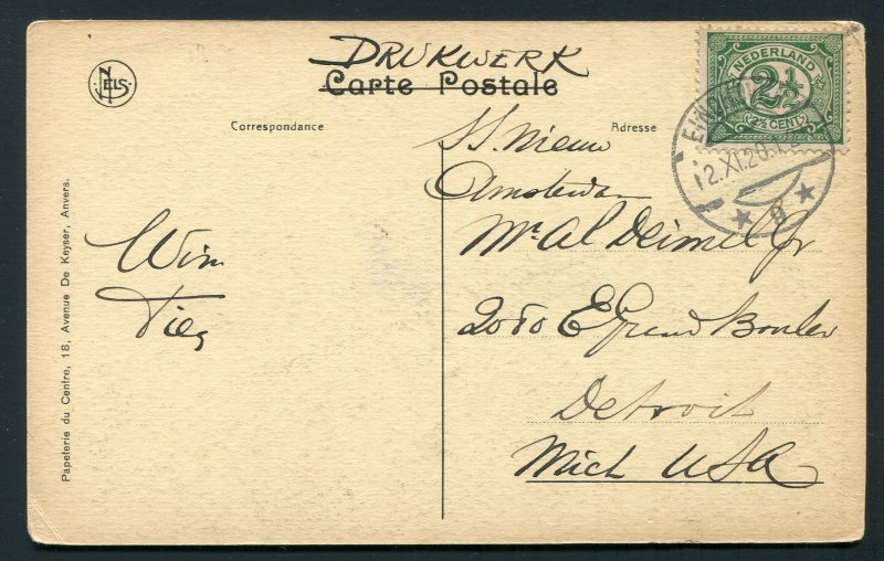 1920 Postcard - Netherlands to Detroit, Michigan USA