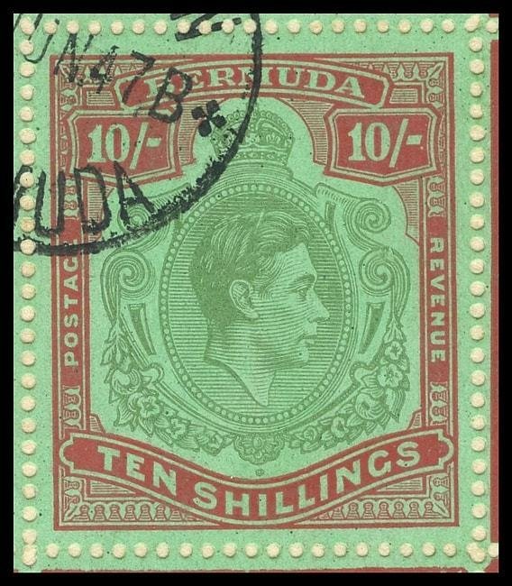 Bermuda 1947 KGVI 10s Plate 1 block BROKEN SCROLLS var VFU. SG 119b,119bd,119be.