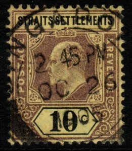 MALAYA STRAITS SETTLEMENTS SG132 1905 10c PURPLE & BLACK/YELLOW USED