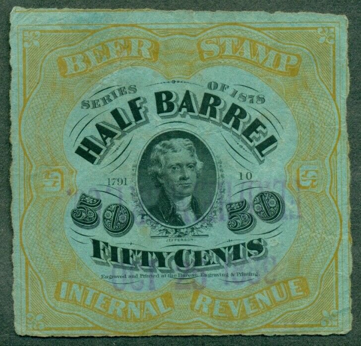 US #REA41d,  50¢ Beer Tax Stamp, light blue paper, Scott $30.00